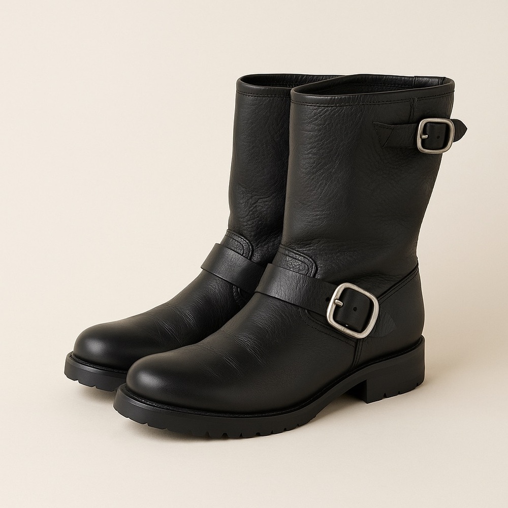 Frye Veronica Short Moto Harness Boots Black Pebbled Leather Soft Shaft Women’s